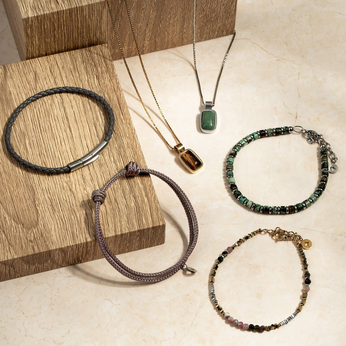Semi-Precious and Steel Disc Bead Bracelet